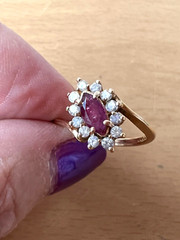 VINTAGE 14K YELLOW GOLD RED NAVETTE MARQUISE CUT GENUINE RUBY AND DIAMONDS RING