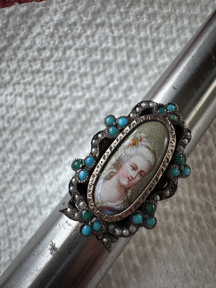 Antique Victorian era 14k Gold Silver Top Pearl Miniature Portrait Ring