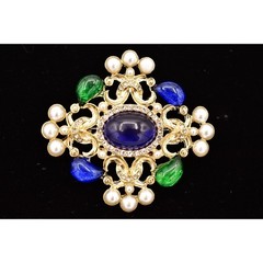 Vintage Cabochon Brooch Pin Faux Pearl White Blue Green Gold Chunky 1990s BinBG