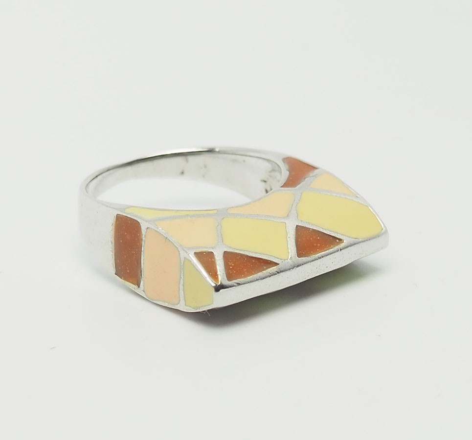 Vintage sterling silver brown pink yellow enamel funky geometry ring sz 8.5