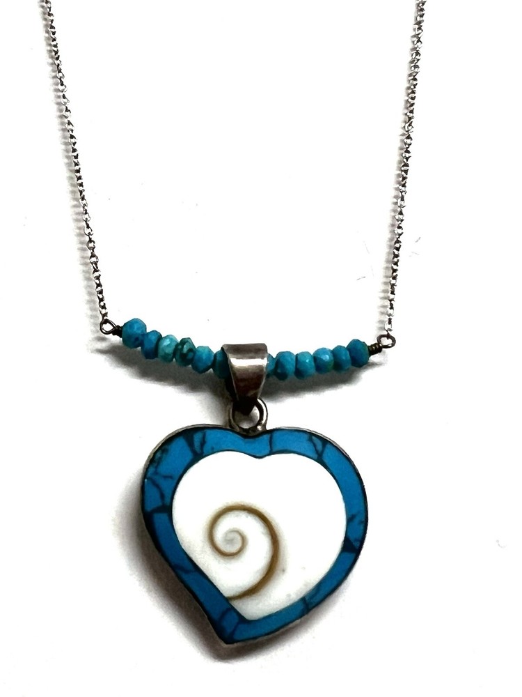 Vtg Turquoise Inlay Shell Necklace Heart Shiva Eye 925 Sterling Unique Ex Cond