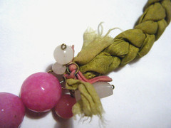 Unique Vintage Handmade Faceted Fuchsia Quartz & Avocado Braided Silk Necklace