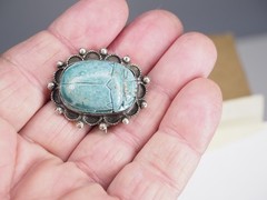 Antique brooch pin Egyptian scarab silver & ceramic jewelry signed in two places