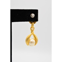 Vintage Dangle Pearl Drop Earrings Brushed Gold Matte Door Knockers 1980s BinAR