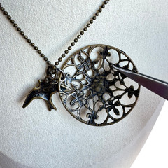 Vintage Copper Bird Necklace Floral Filigree Pendant Ball Chain Boho Statement