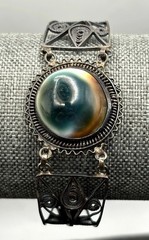 Vintage 800 Silver Filigree Operculum Shell Bracelet Art Deco Style