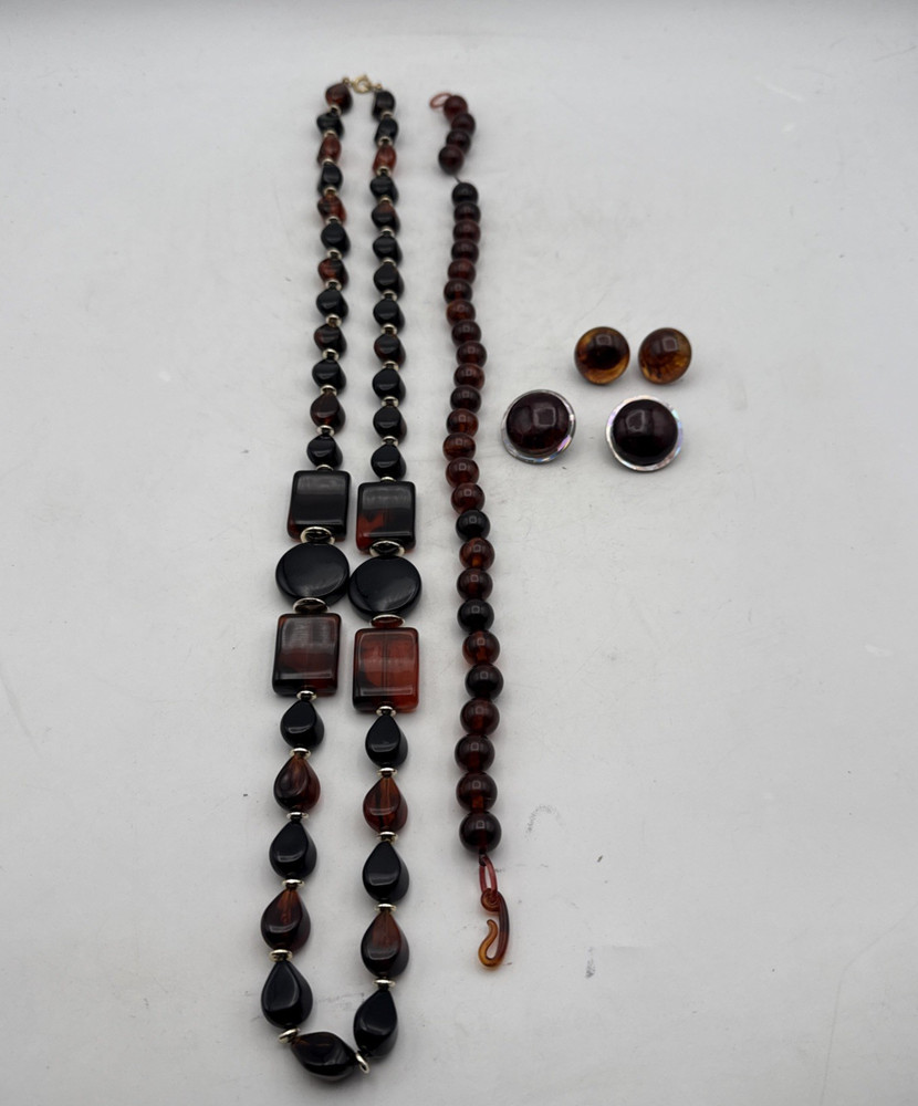 Vintage MCM Mixed Jewelry Lot Necklace, Clip on Earrings – Brown