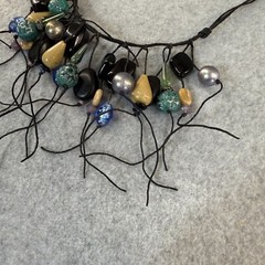 Teresa Goodall Vintage Resin Glass Bead Necklace Linen Cord Signed Boho Jewelry