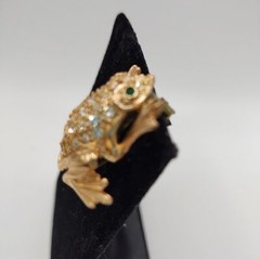 Rhinestone Green Eyed Frog Gold Tone Brooch