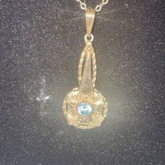 AMCO Aquamarine Filigree Pendant 14 1-20 Karat Gold Necklace Vintage Jewelry