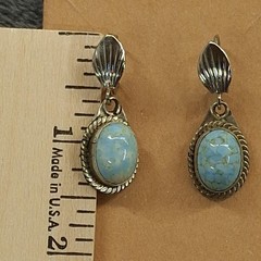 Turquoise Color Cabochon Dangle Earrings Leverback Southwestern Style Silvertone