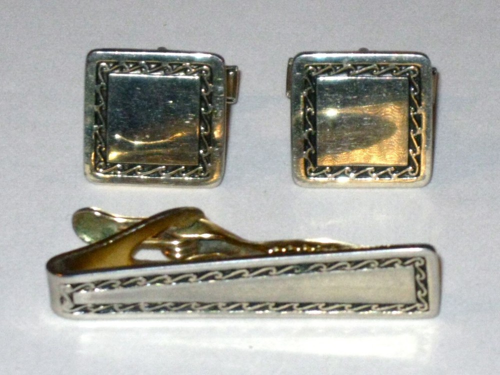 Vintage GOLDTONE Engraved WAVE Design CUFFLINK & Tie Clasp/TIE BAR CLIP Set!
