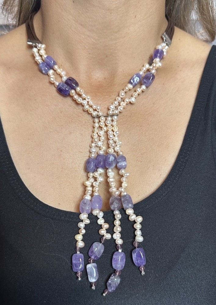 Amethyst & 2 MM Pearl Statement Piece 20 Inch Necklace