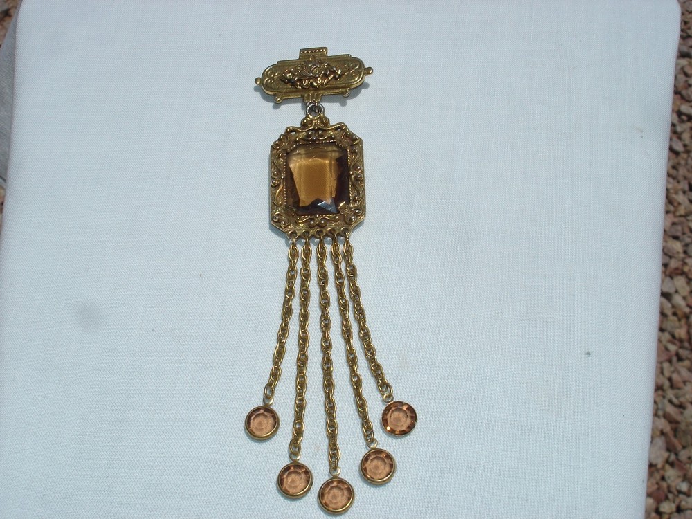 VINTAGE GOLDETTE ORNATE CRYSTAL TASSEL DANGLE BROOCH PIN SIGNED