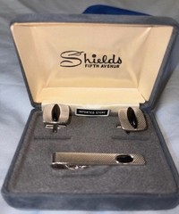 Vintage 1960 Shields Fifth Avenue Silver and Black Cufflinks and Tie Bar in Orig