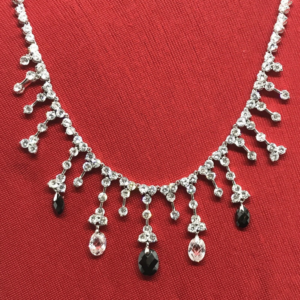 Vintage Silver tone Black Onyx Clear Cubic Zirconia Elegant Statement Necklace