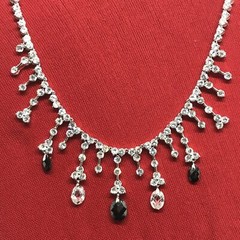 Vintage Silver tone Black Onyx Clear Cubic Zirconia Elegant Statement Necklace