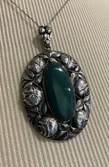 Antique Art Deco 800 Silver Chrysoprase Rose Motif Repousse Pendant Necklace