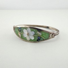 Vintage Silver Abalone Mother of Pearl Flower Inlay Bangle Bracelet Oval Green