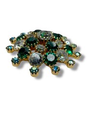 Green AB Clear Crystal Domed Brooch Gold Tone Vintage