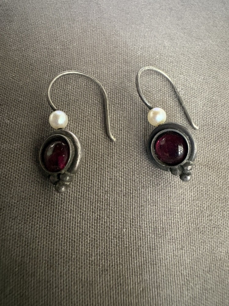 Vintage 925 Silver Dangle Earring Red Stone Faux Pearl Danity Silver Dot Bottom