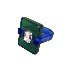 Modernist Lucite Ring Blue Green Rhinestone Sz 7.25 Statement Chunky Post Modern