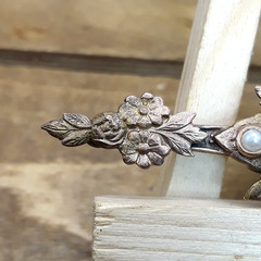 Antique Art Nouveau Repousse Brass Black Glass Bead Floral Bar Brooch 3.25″