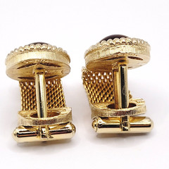 Swank Brown Lucite Tigers Eye Cabochon Center Gold Mesh Wrap Fancy Cufflinks