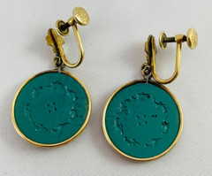 Vintage JMS Earrings 12KT Gold Filled Green Drop Dangle Screw Back Earrings