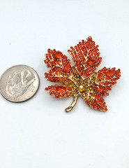 Vintage Brooch Maple Leaf Orange Honey Rhinestone Gold Tone