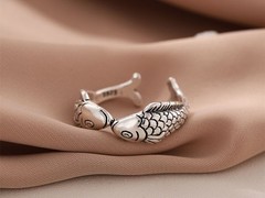 Retro 925 Sterling Silver Goldfish Open Ring Adjustable Animal Jewelry Women