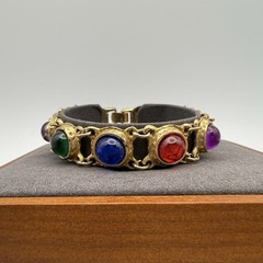 Vintage Rainbow Lucite Cabochon Gold Tone Link Bracelet Brutalist Modernist 7.5″
