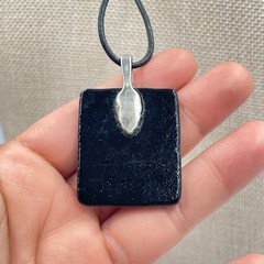 Vintage Dichroic Fused Glass Pendant Necklace Iridescent Blue Green Black Cord