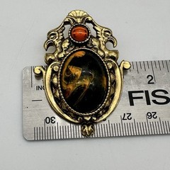Vintage Baroque Pin Brooch Gold Tone Faux Pietersite Art Glass Cab Estate