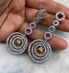 Vintage JJJ Signed Circle Sterling Silver CZ Champagne Drop Dangle Earrings