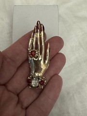 Vintage Hand Brooch Red & White Rhinestone Enamel Nails Figural Statement Pin