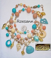 Massive Signed ROXSANN Statement Bib Necklace Sand/Blue Wood GP Shells MOP 25″