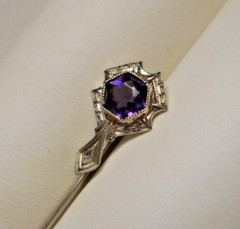 Antique Signed Belais Art Deco 18K White Gold Filigree & Amethyst Stickpin