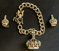 Rare Barclay Rhinestone Charm Bracelet Earrings Crown King Queen Costume Jewelry