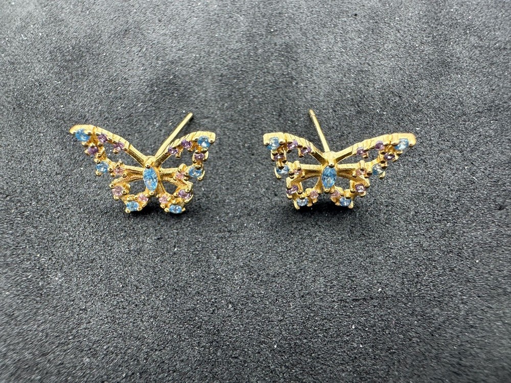 1.06g Vintage Sterling Silver 925 Butterfly Earrings Blue Purple Sparkling M