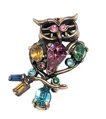 Vintage Multicolor Pastel Rhinestone Adorable Owl Bird Animal Figural Brooch Pin