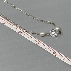 Silver Tone Chain Necklace Clear Glass Beads Faux Pearl Leaf Station Endless 31″