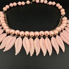 Vintage Pink Leaf Fringe Choker Necklace Carved Acrylic Beaded Chain Cha Cha