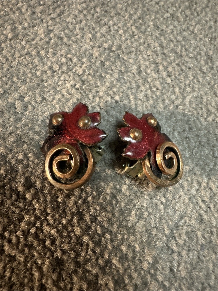 Vintage Matisse Copper and Red Enamel Maple Leaf Earring Set Clip-On