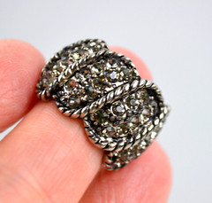 Vintage Silver Tone Clip On Half Moon Earrings with Small Rhinestones 1″