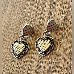 Vintage women’s metal dark grey and silver color heart and stripes earrings