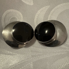 Vintage 925 Sterling Silver Black Onyx Round Bezel Clip-On Earrings 1.25in