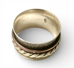 Vtg Modernist 925 Sterling Silver Brass Copper Triple Spinner Band Ring Size 8