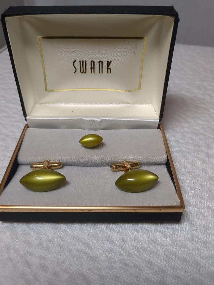 Vintage Swank Cat’s Eye Cufflinks Tie Tack Set Gold Tone Green Mid Century