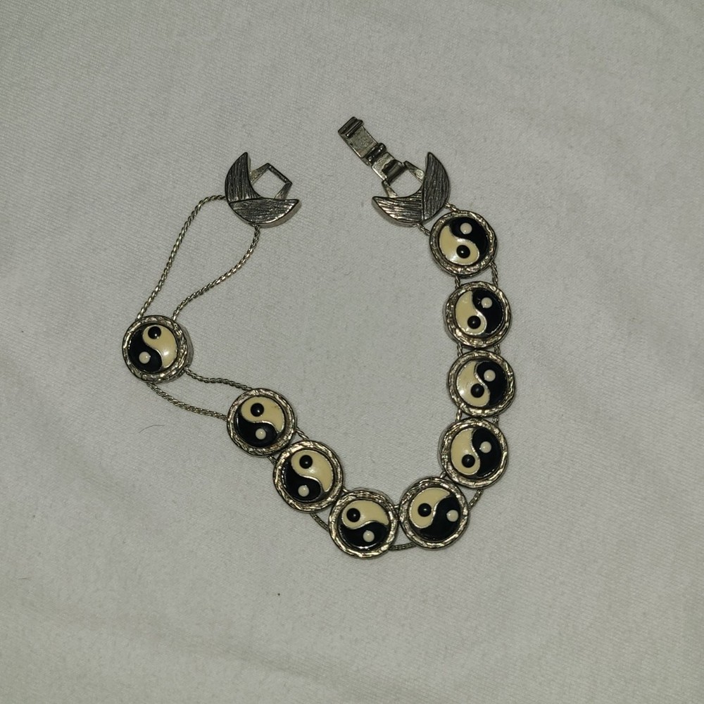 Vintage Mexican Alpaca Silver Yin Yang Link Braclet Black White Enamel Inlay Boh